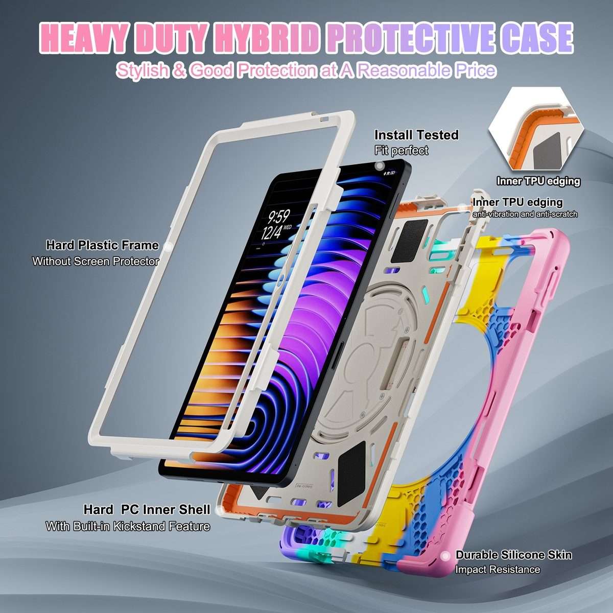 For Xiaomi Pad 7 / 7 Pro Rotatable Holder Silicone Hybrid PC Tablet Case with ... (Colorful Pink)