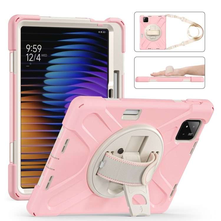 For Xiaomi Pad 7 / 7 Pro Rotatable Holder Silicone Hybrid PC Tablet Case ... (Cherry Blossom Pink)