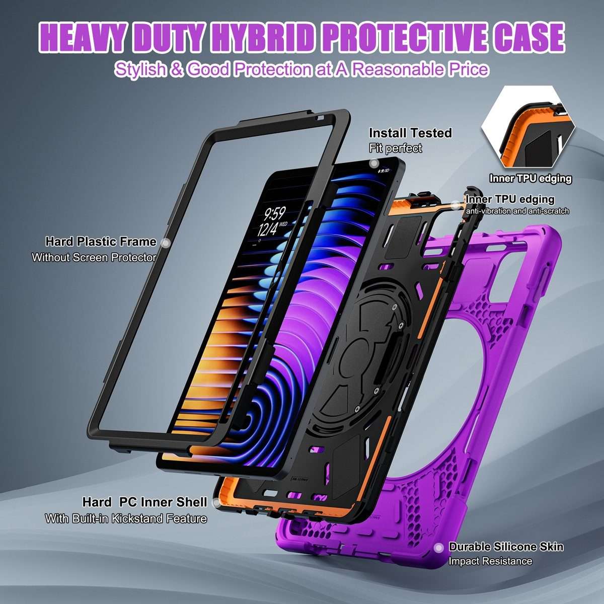 For Xiaomi Pad 7 / 7 Pro Rotatable Holder Silicone Hybrid PC Tablet Case with Shoulde ... (Purple)