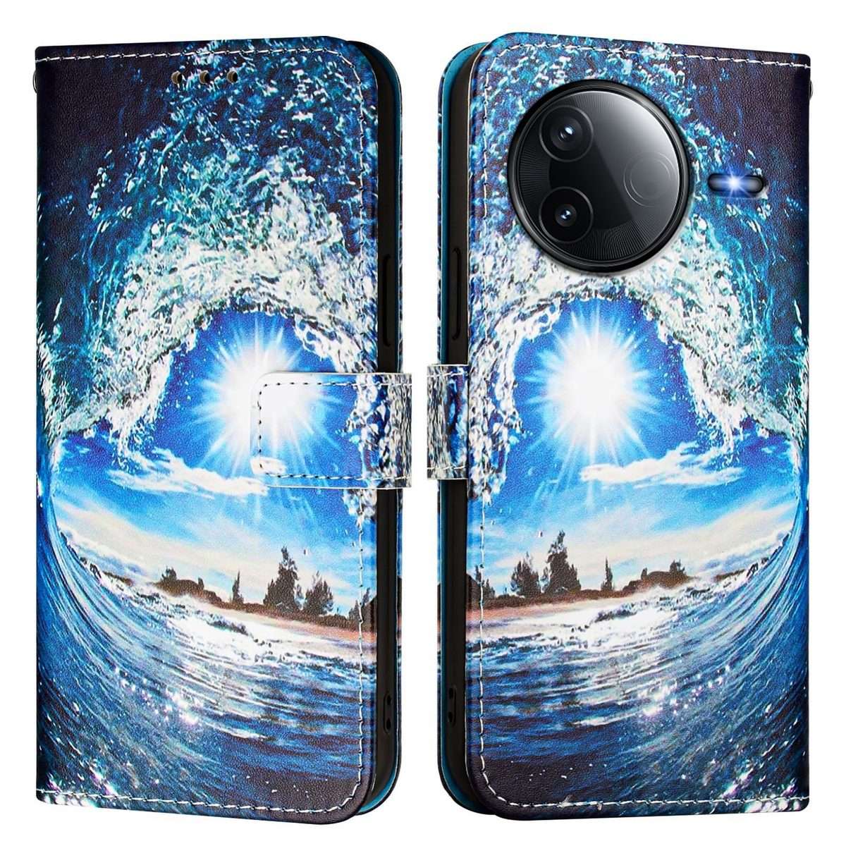 For Redmi K80 / K80 Pro Colored Drawing Pattern Plain Weave Leather Phone Case(Waves And Sun)