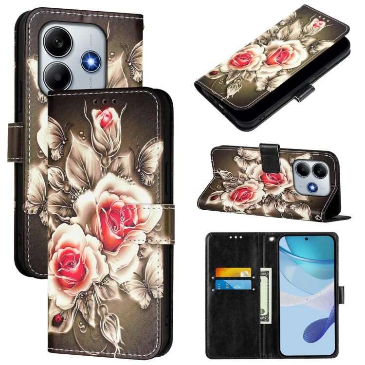 For Redmi Note 14 5G Global Colored Drawing Pattern Plain Weave Leather Phone Case(Roses On Black)