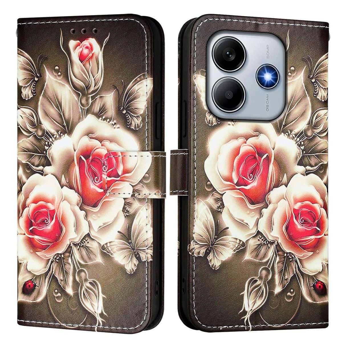 For Redmi Note 14 5G Global Colored Drawing Pattern Plain Weave Leather Phone Case(Roses On Black)