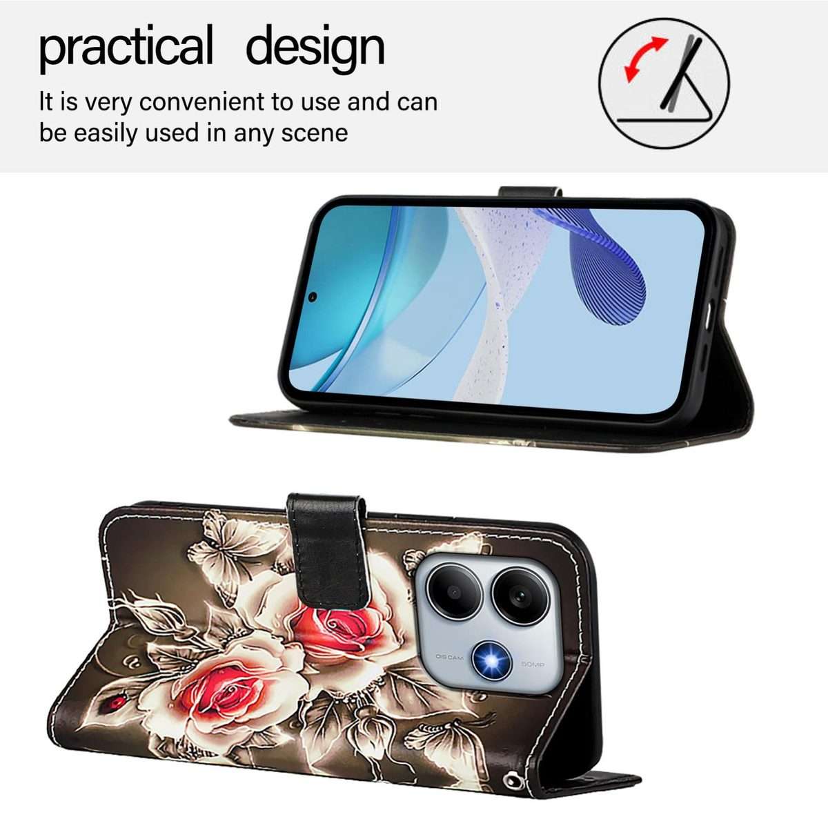 For Redmi Note 14 5G Global Colored Drawing Pattern Plain Weave Leather Phone Case(Roses On Black)