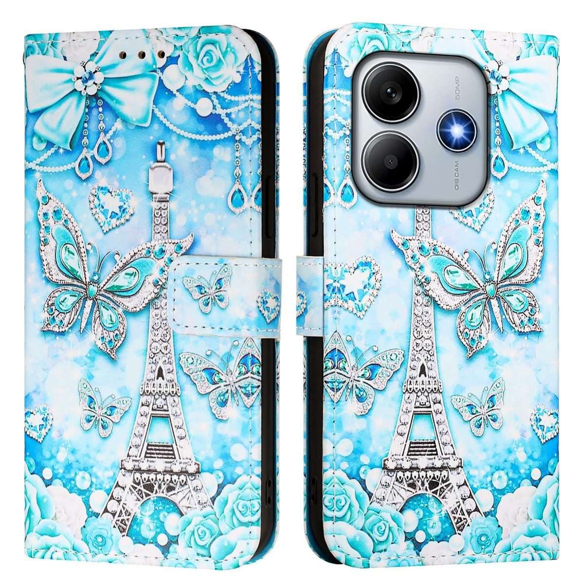 For Redmi Note 14 5G Global Colored Drawing Pattern Plain Weave Leather Phon ... (Tower Butterfly)