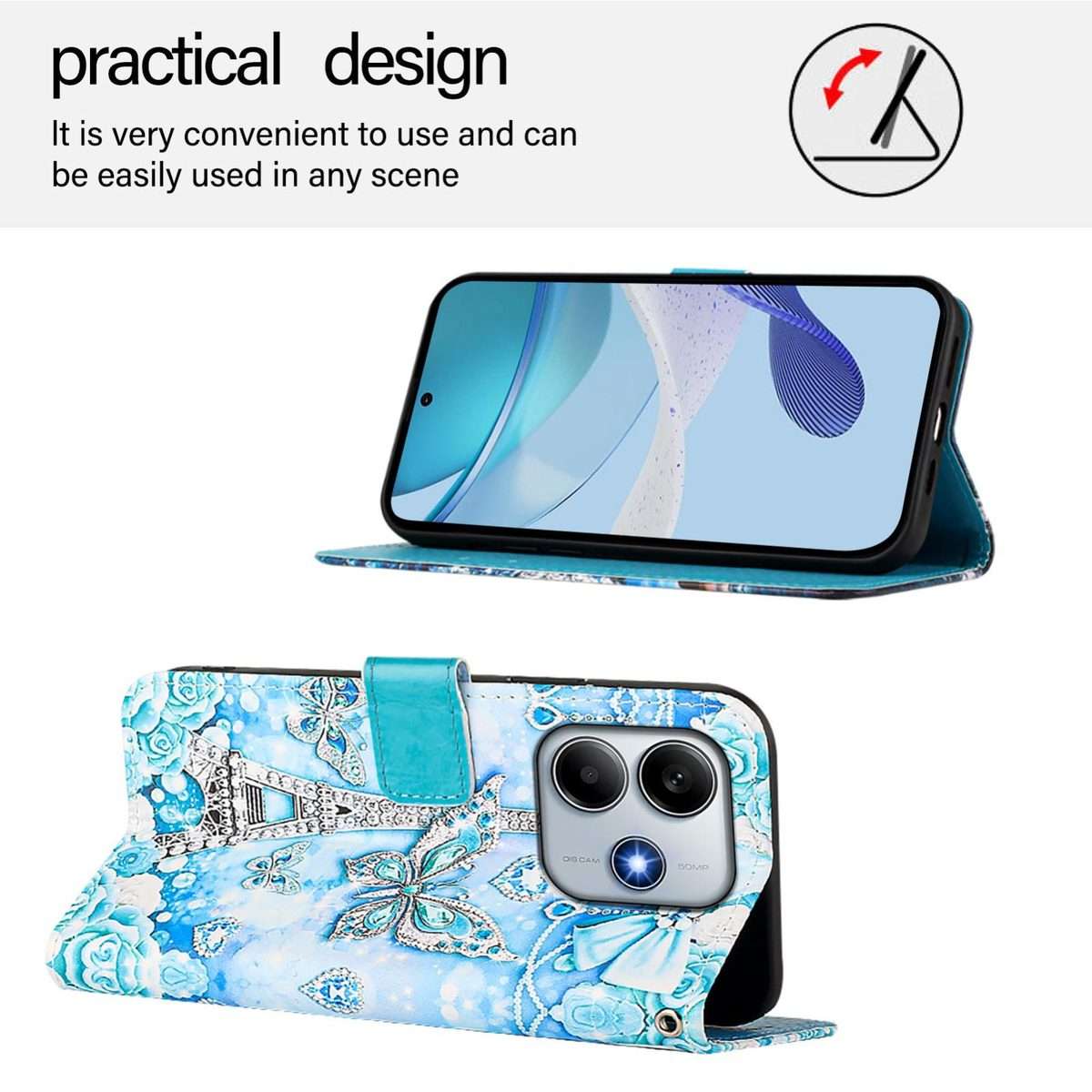 For Redmi Note 14 5G Global Colored Drawing Pattern Plain Weave Leather Phon ... (Tower Butterfly)