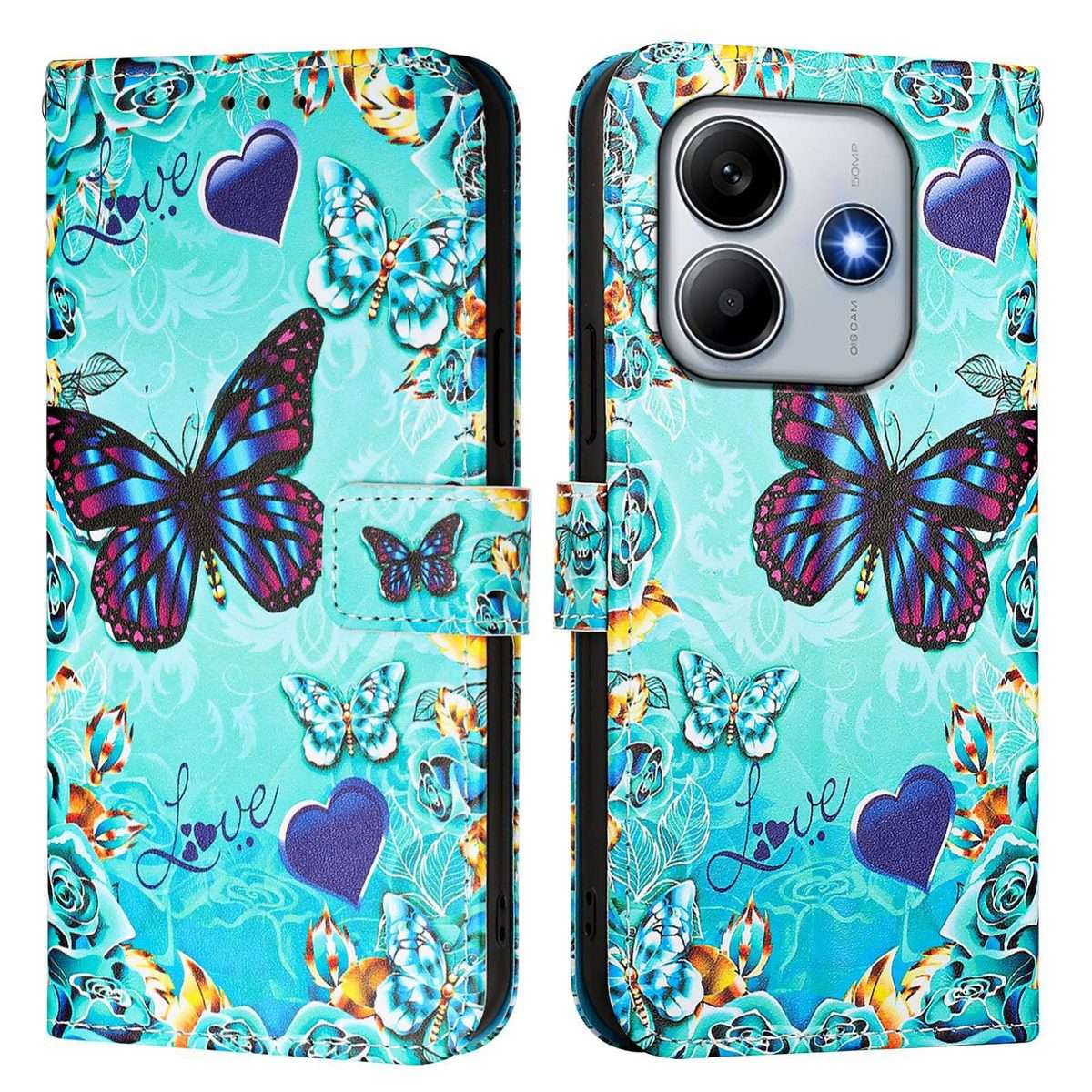 For Redmi Note 14 5G Global Colored Drawing Pattern Plain Weave Leather Phone Case(Love Butterfly)