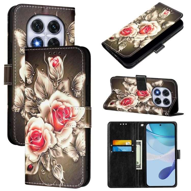For Redmi Note 14 Pro / 14 Pro+ 5G Global Colored Drawing Pattern Plain Weave ... (Roses On Black)