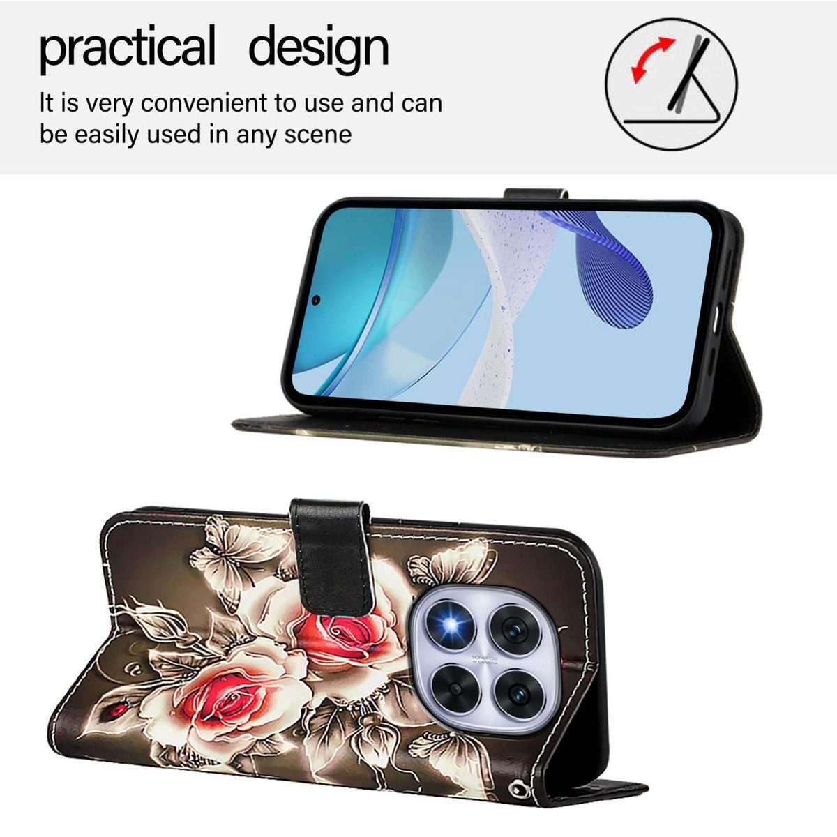 For Redmi Note 14 Pro / 14 Pro+ 5G Global Colored Drawing Pattern Plain Weave ... (Roses On Black)
