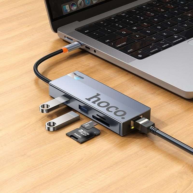 hoco HB52 Wow Type-C to HDTV, RJ45, PD, Type-C, 2xUSB3.0, SD, TF Card 8 in 1 Multi ... (Dark Gray)
