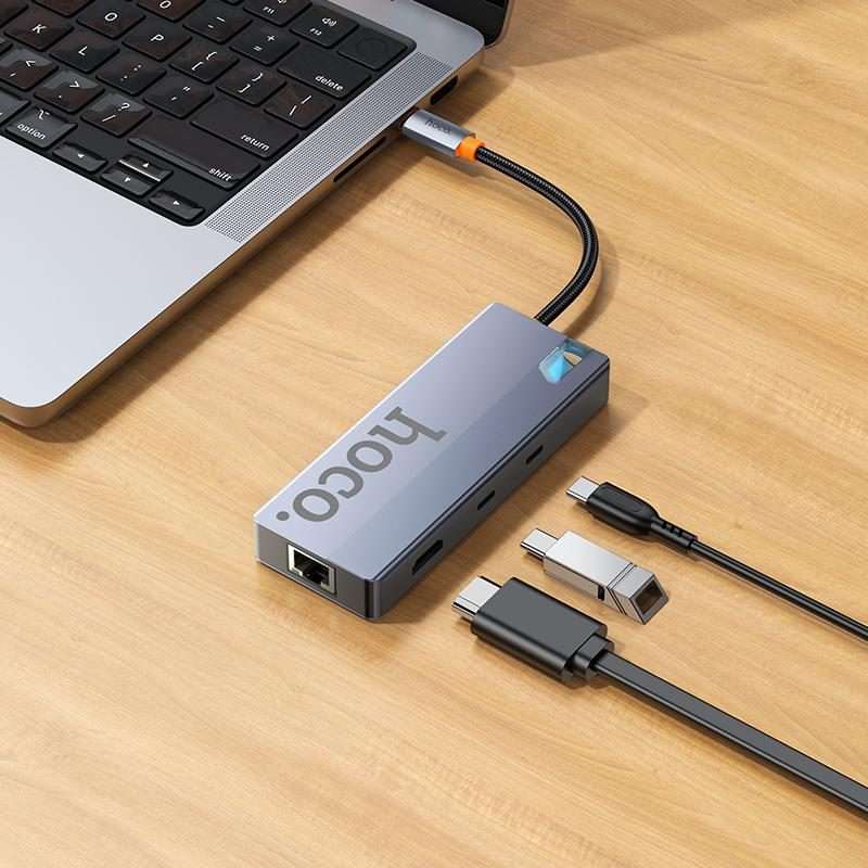 hoco HB52 Wow Type-C to HDTV, RJ45, PD, Type-C, 2xUSB3.0, SD, TF Card 8 in 1 Multi ... (Dark Gray)