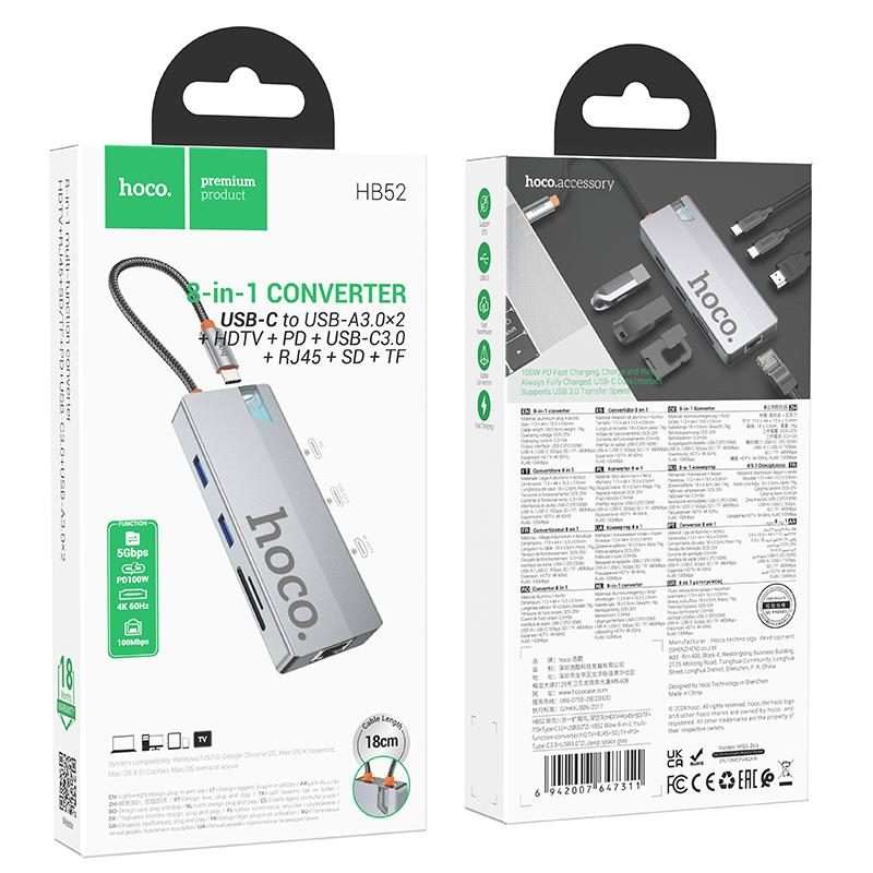 hoco HB52 Wow Type-C to HDTV, RJ45, PD, Type-C, 2xUSB3.0, SD, TF Card 8 in 1 Multi ... (Dark Gray)