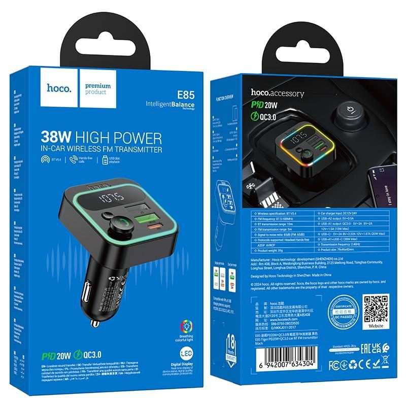 hoco E85 Tiger PD 20W and QC 3.0 Car Bluetooth FM Transmitter(Black)