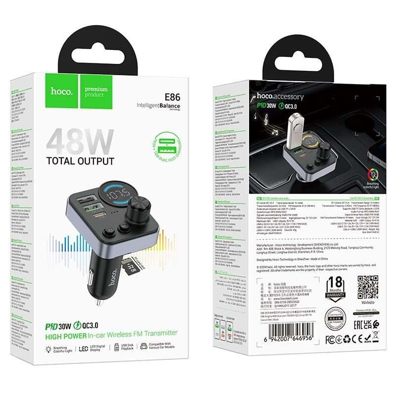 hoco E86 Alegria 48W Dual Port PD 30W and QC 3.0 Car Bluetooth FM Transmitter(Black)