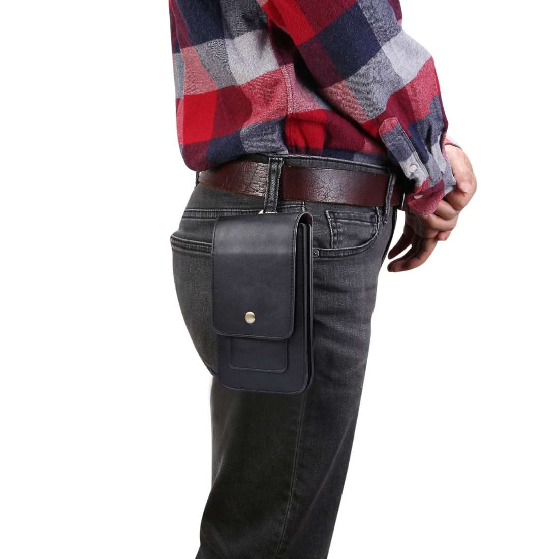 Lambskin Texture Men Phone Universal Double Lattice Waist Bag Leather Case, Size:L(Black)