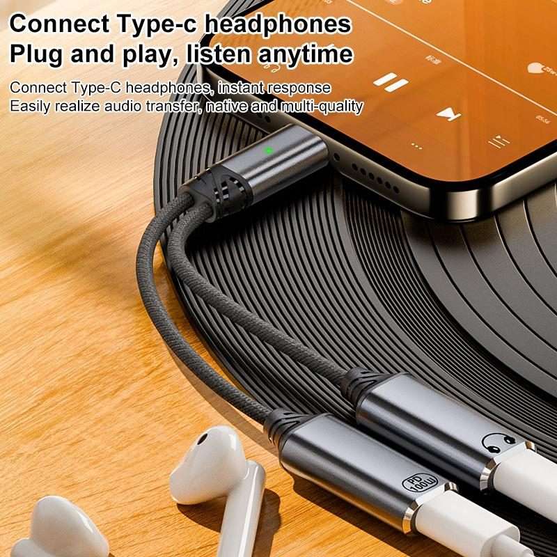 2 in 1 Type-C Male to PD 100W Type-C Charging and Type-C Audio Female Earphone Adapter(Grey)