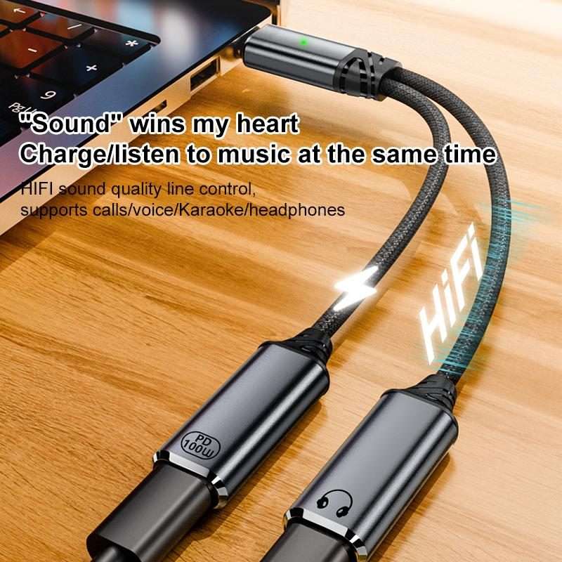 2 in 1 Type-C Male to PD 100W Type-C Charging and Type-C Audio Female Earphone Adapter(White)