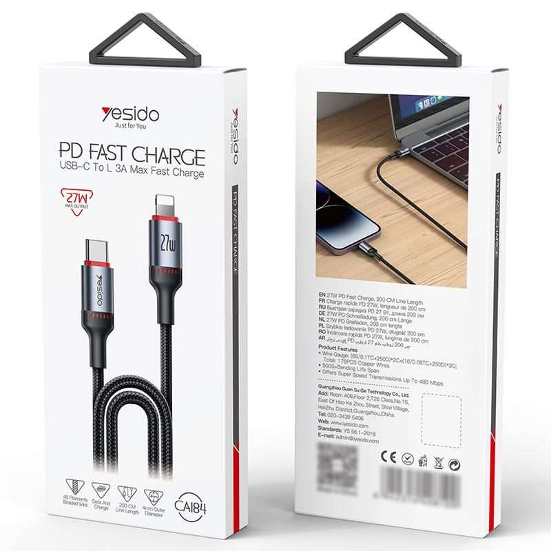 Yesido CA184 PD27W 3A USB-C / Type-C to 8 Pin Charging Data Cable, Length: 2m(Black)