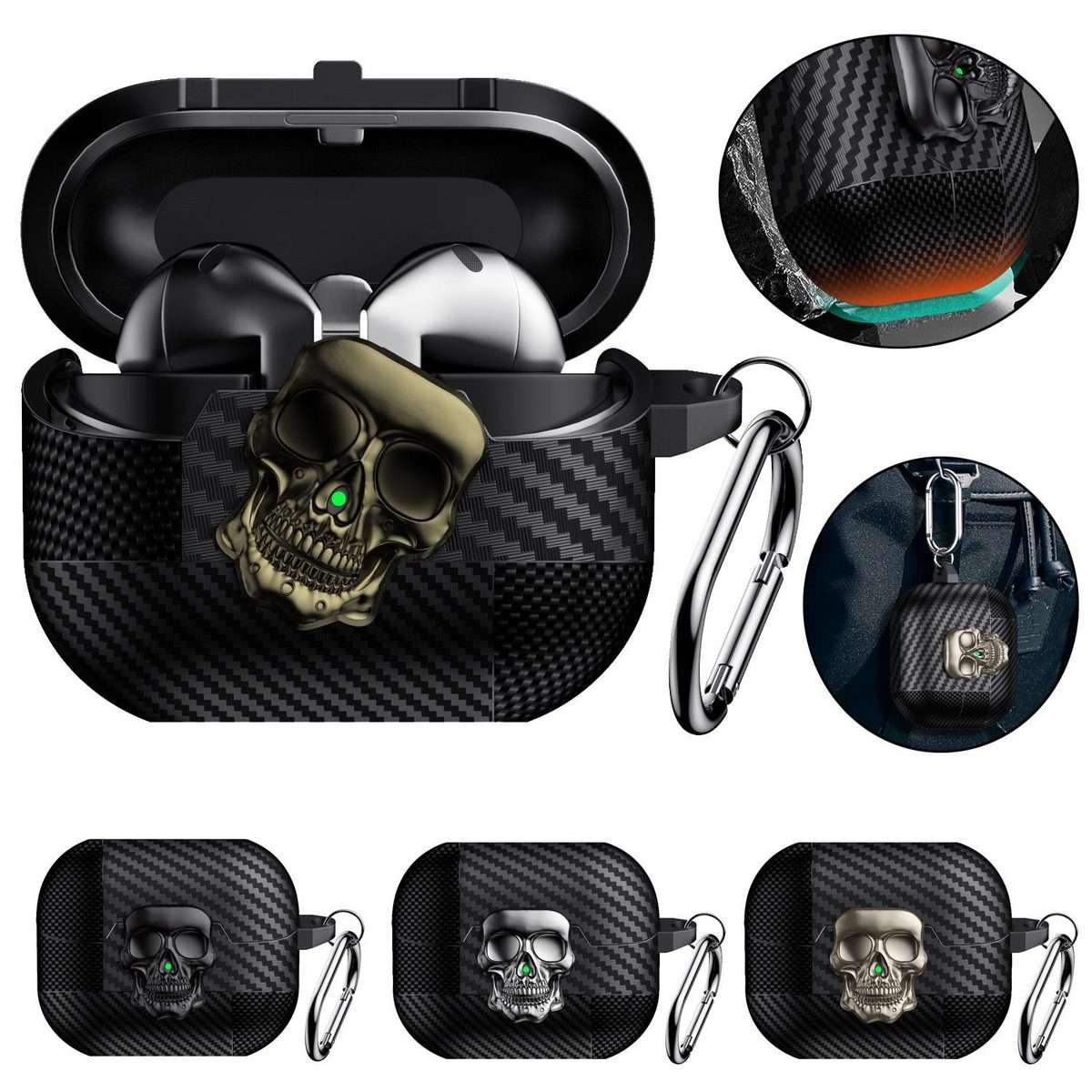 For Samsung Galaxy Buds3 Pro Carbon Fiber Pattern Skull Lock Bluetooth Earphone Prote ... (Copper)