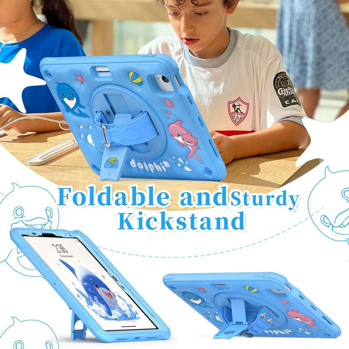 For iPad Air 11 2026 / 2025 / 2024 Dolphin Rotation Kickstand Silicone Hybrid PC Tablet Case(Blue)