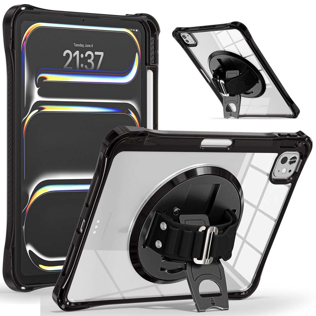 For iPad Pro 13 2025 / 2024 Rotation Grip Holder TPU Hybrid Clear PC Tablet Case(Black)