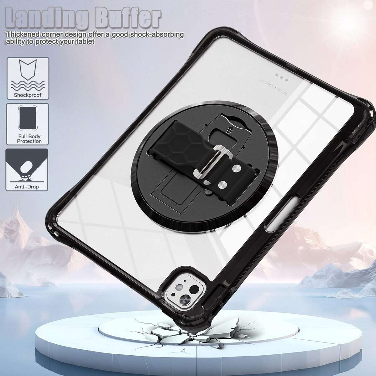 For iPad Pro 13 2025 / 2024 Rotation Grip Holder TPU Hybrid Clear PC Tablet Case(Black)