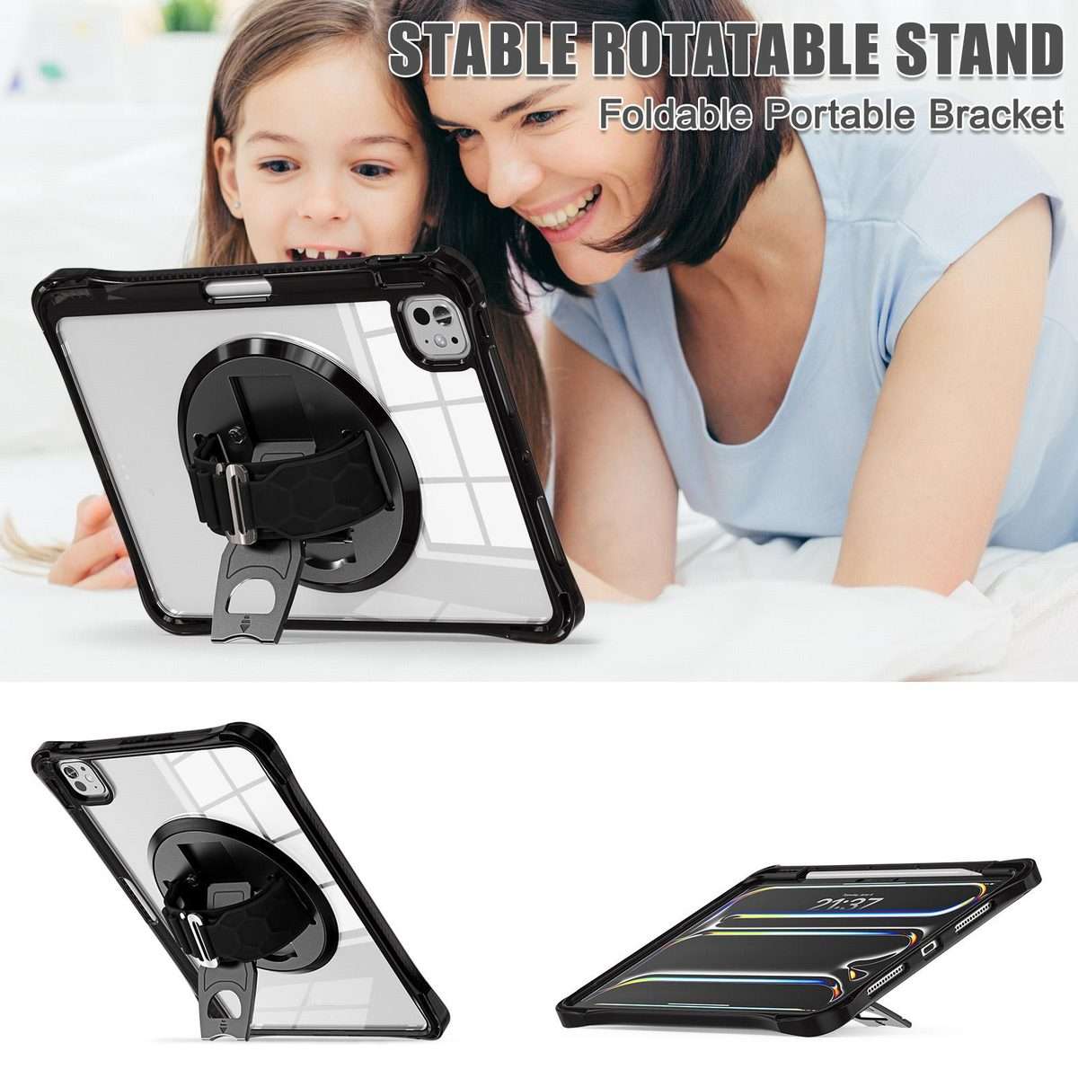 For iPad Pro 13 2025 / 2024 Rotation Grip Holder TPU Hybrid Clear PC Tablet Case(Black)