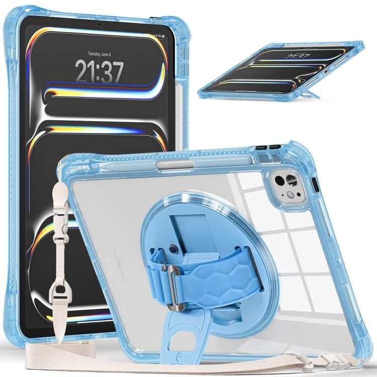 For iPad Pro 13 2025 / 2024 Rotation Grip Holder TPU Hybrid Clear PC Tablet Case(Light Blue)