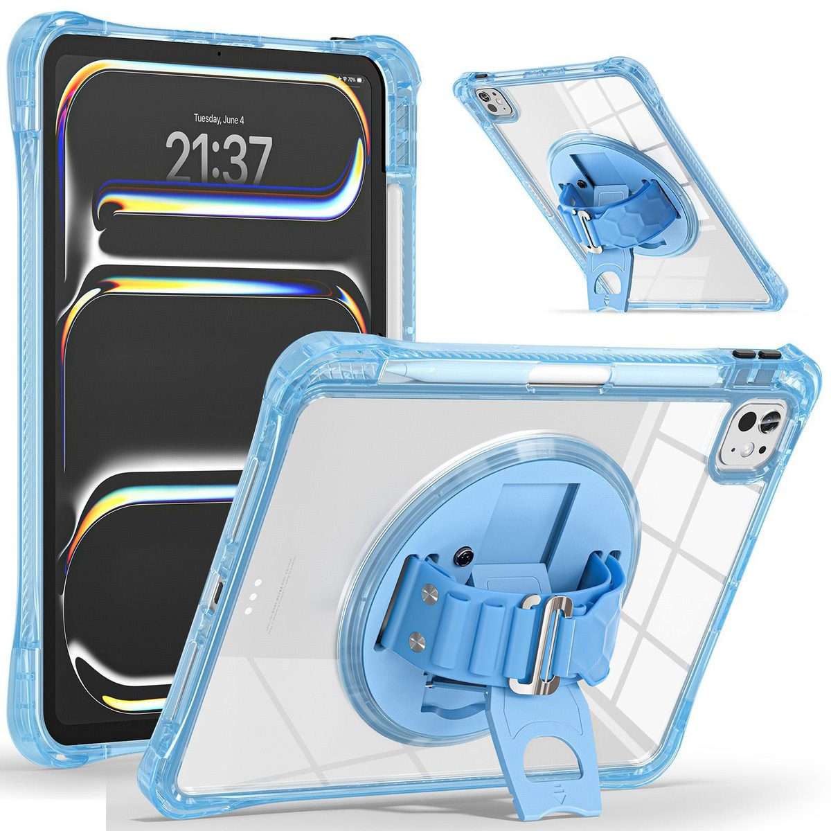 For iPad Pro 13 2025 / 2024 Rotation Grip Holder TPU Hybrid Clear PC Tablet Case(Light Blue)