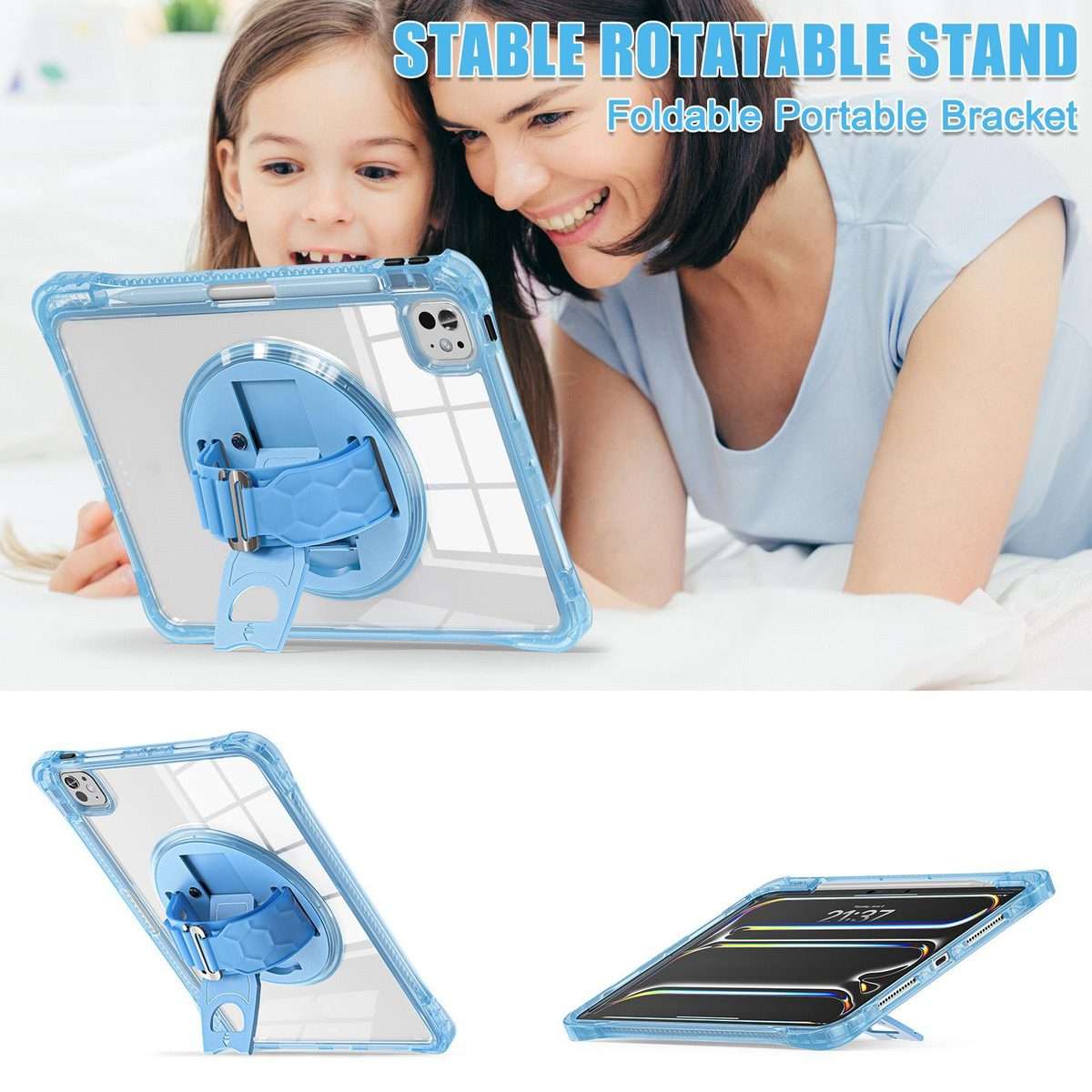 For iPad Pro 13 2025 / 2024 Rotation Grip Holder TPU Hybrid Clear PC Tablet Case(Light Blue)