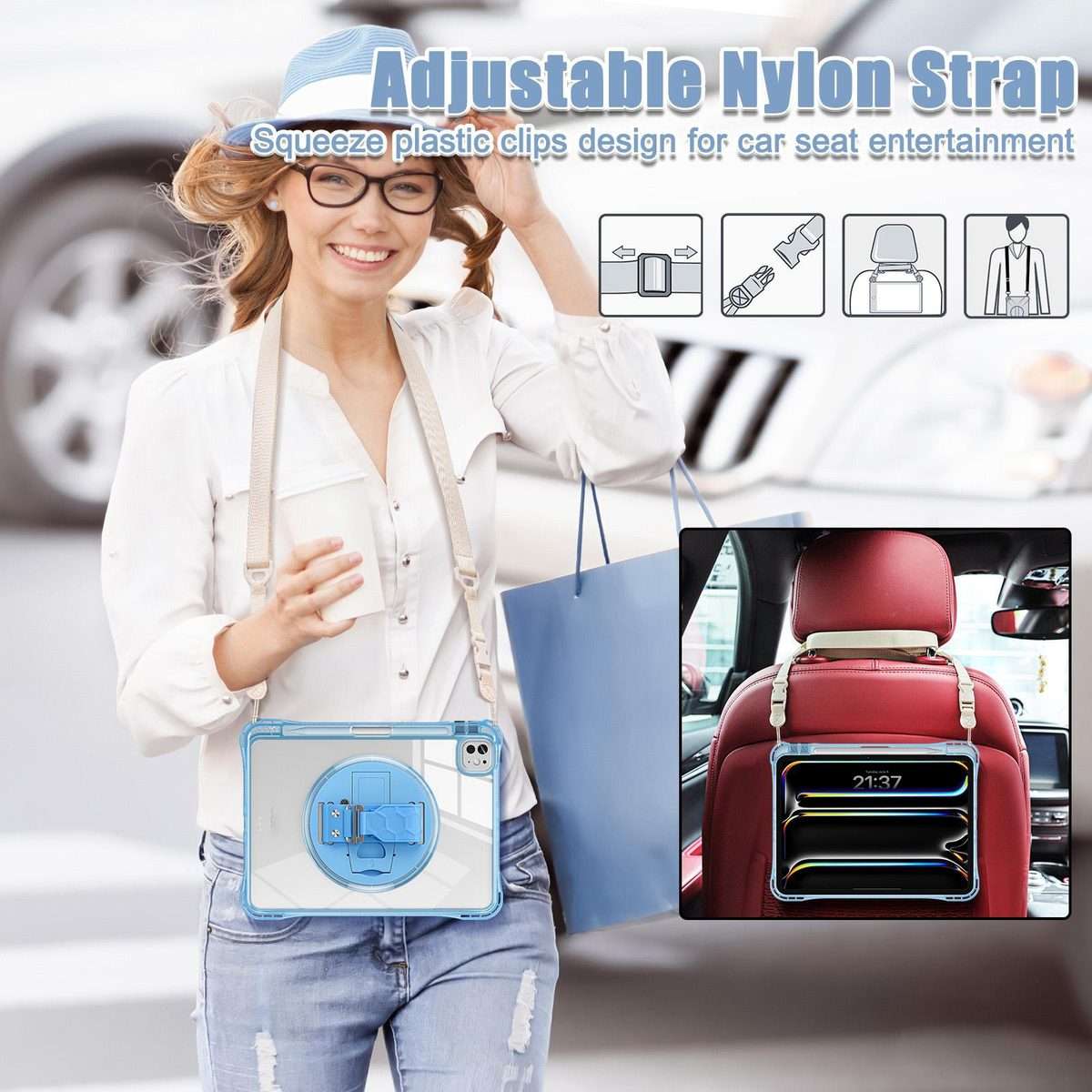 For iPad Pro 13 2025 / 2024 Rotation Grip Holder TPU Hybrid Clear PC Tablet Case(Light Blue)