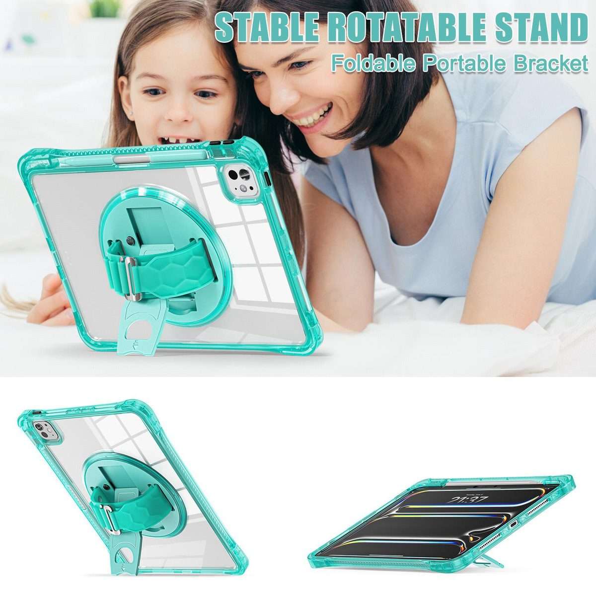 For iPad Pro 13 2025 / 2024 Rotation Grip Holder TPU Hybrid Clear PC Tablet Case(Light Green)