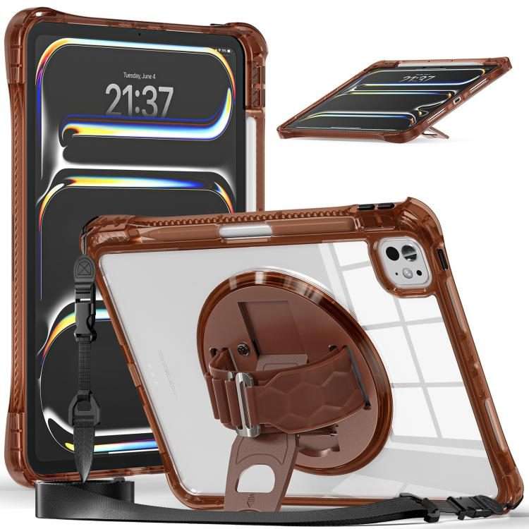 For iPad Pro 13 2025 / 2024 Rotation Grip Holder TPU Hybrid Clear PC Tablet Case(Chocolate)