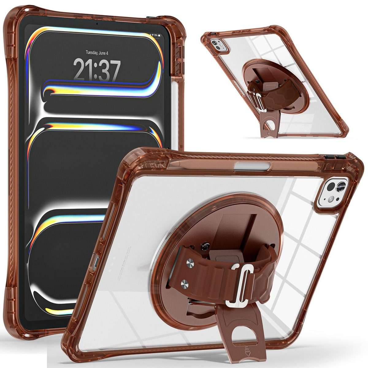 For iPad Pro 13 2025 / 2024 Rotation Grip Holder TPU Hybrid Clear PC Tablet Case(Chocolate)