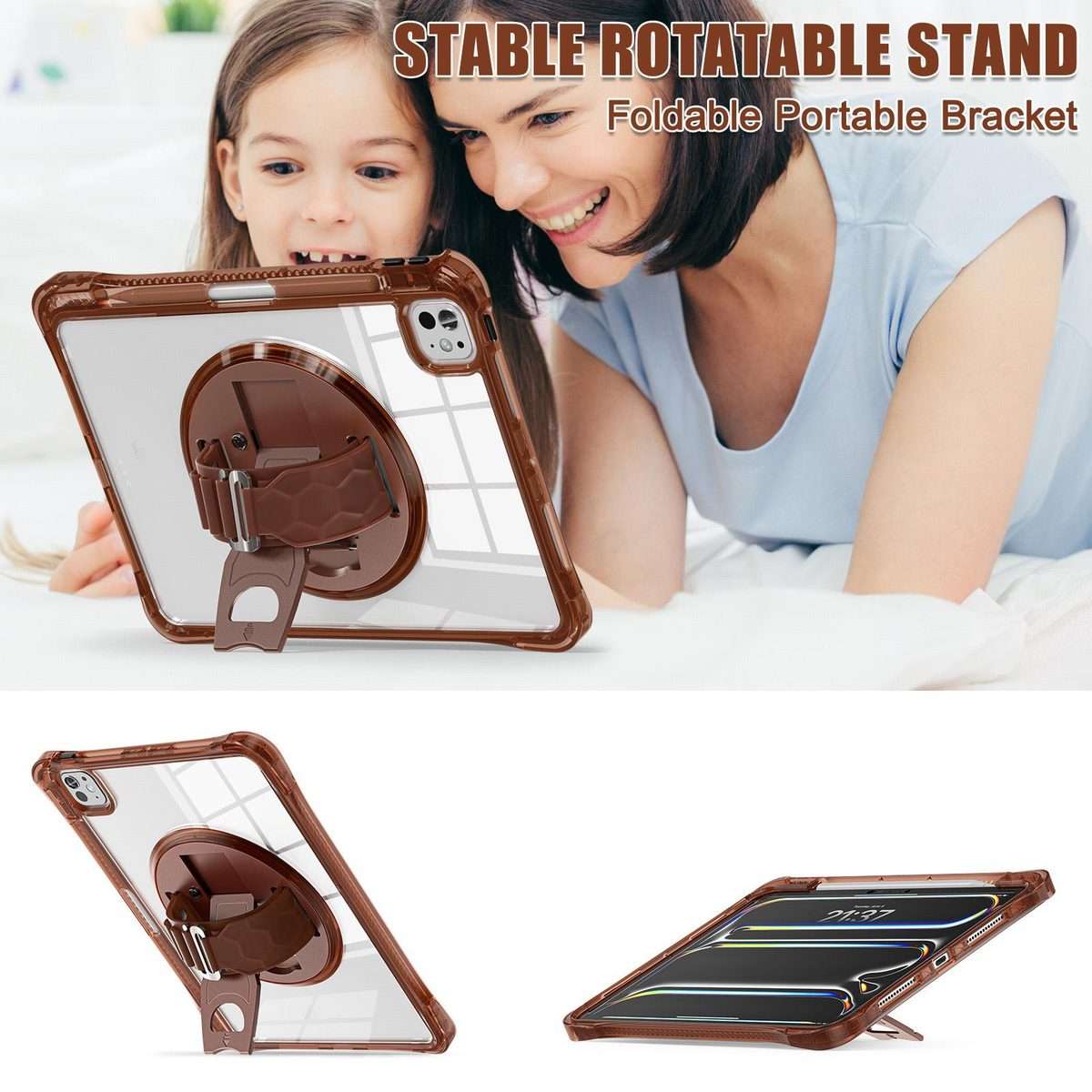 For iPad Pro 13 2025 / 2024 Rotation Grip Holder TPU Hybrid Clear PC Tablet Case(Chocolate)