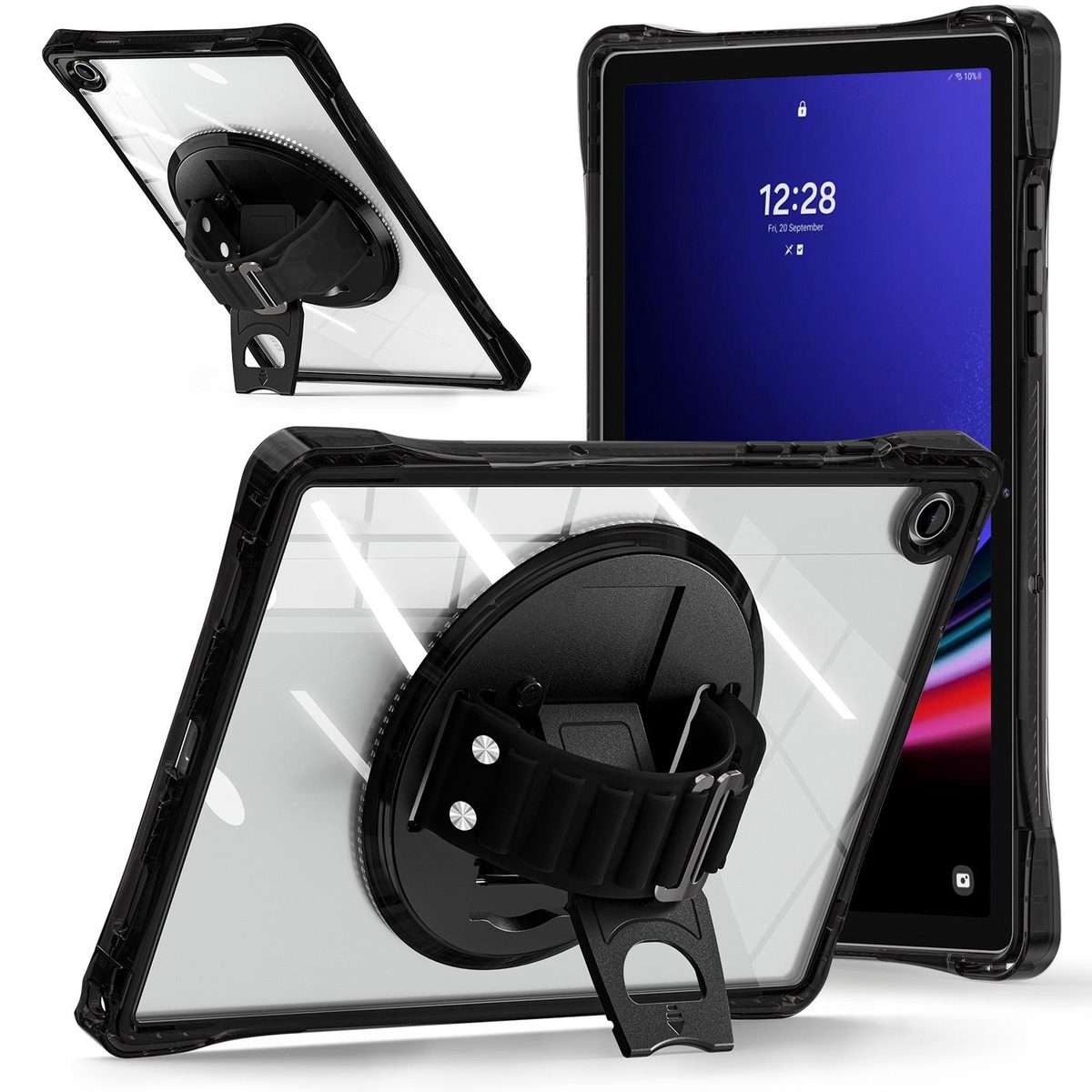 For Samsung Galaxy Tab A9+ Rotation Grip Holder TPU Hybrid Clear PC Tablet Case(Black)