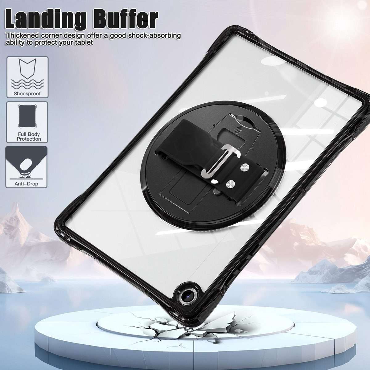 For Samsung Galaxy Tab A9+ Rotation Grip Holder TPU Hybrid Clear PC Tablet Case(Black)