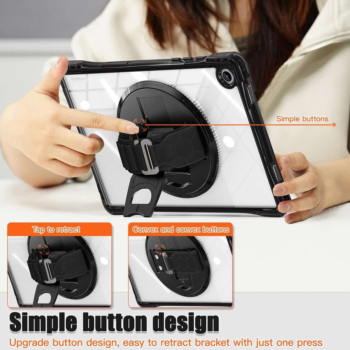 For Samsung Galaxy Tab A9+ Rotation Grip Holder TPU Hybrid Clear PC Tablet Case(Black)