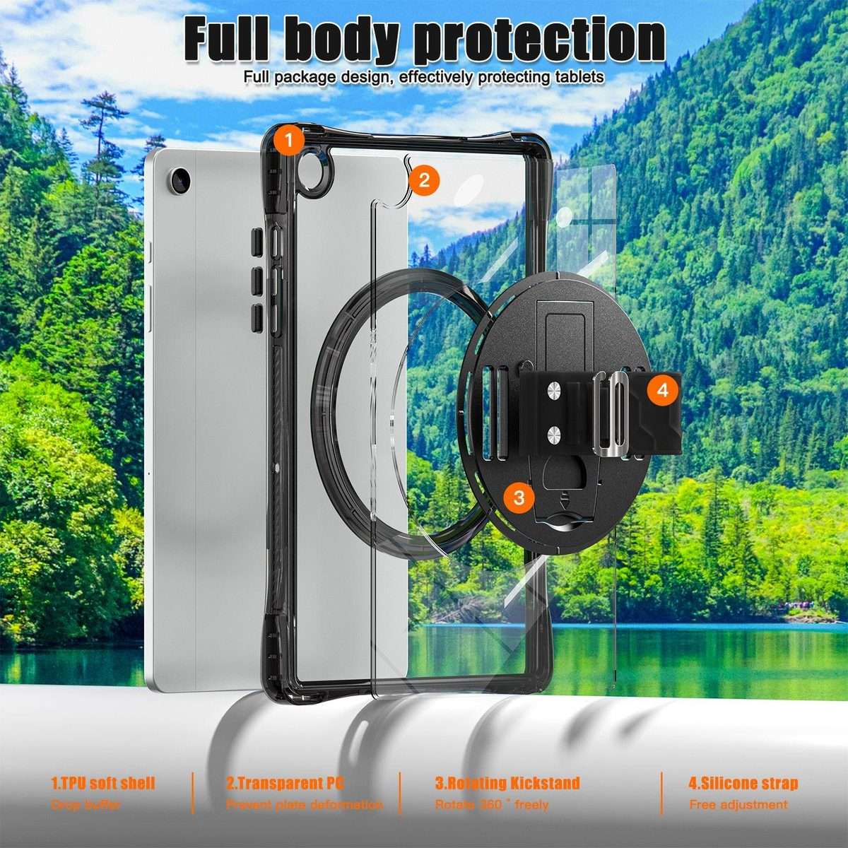For Samsung Galaxy Tab A9+ Rotation Grip Holder TPU Hybrid Clear PC Tablet Case(Black)