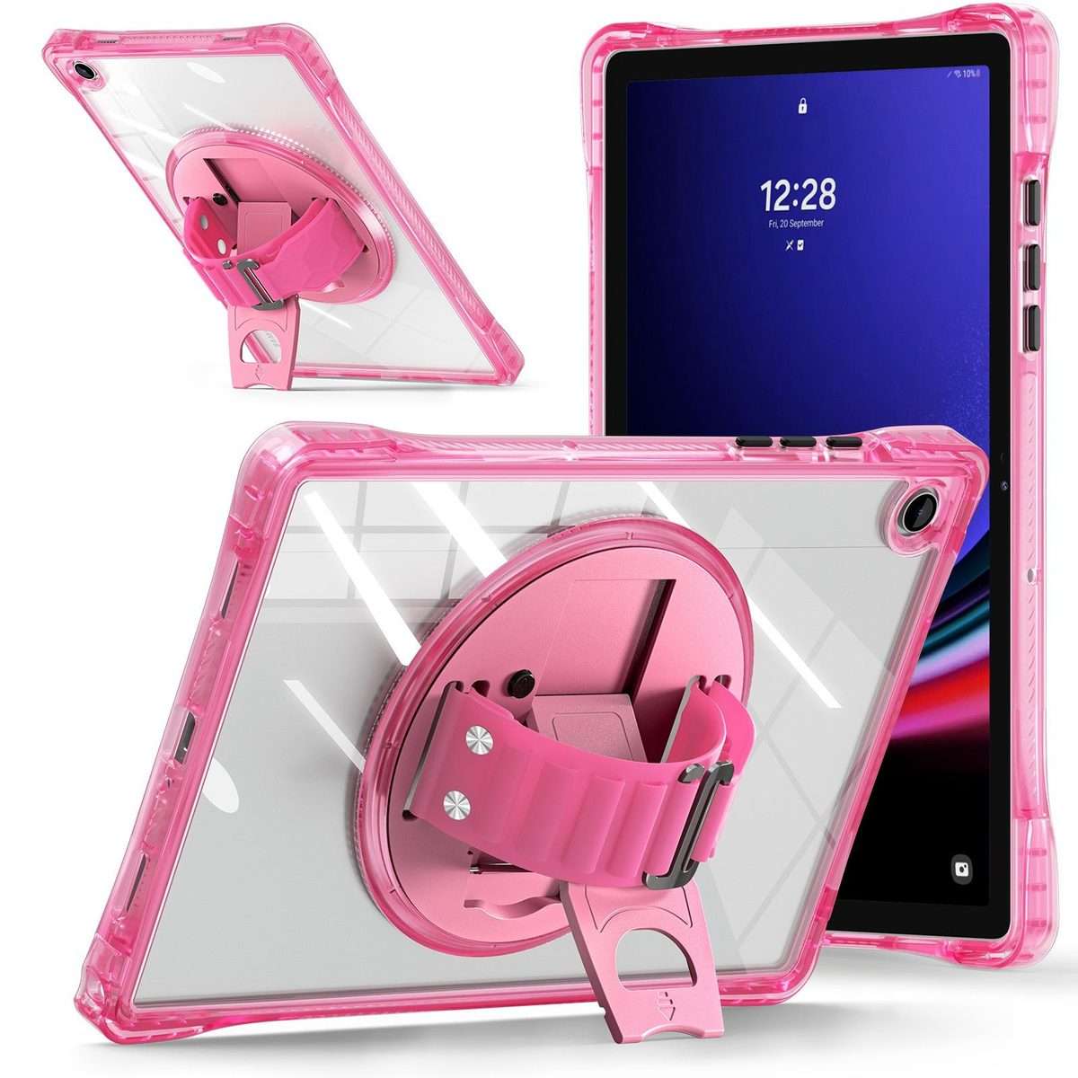 For Samsung Galaxy Tab A9+ Rotation Grip Holder TPU Hybrid Clear PC Tablet Case(Red Rose)
