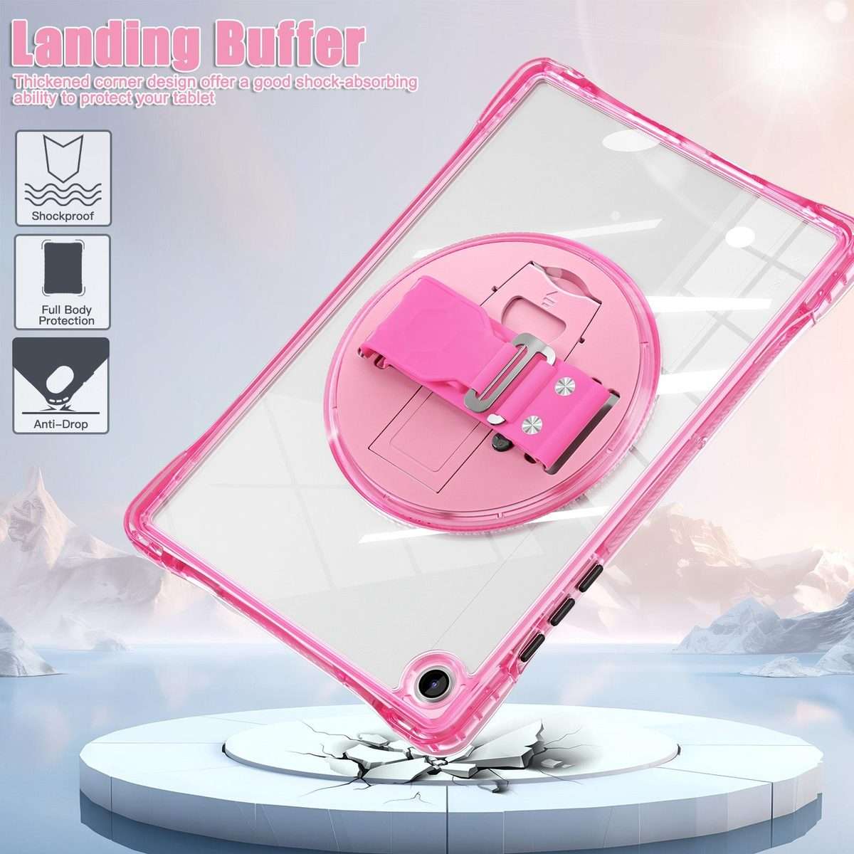 For Samsung Galaxy Tab A9+ Rotation Grip Holder TPU Hybrid Clear PC Tablet Case(Red Rose)