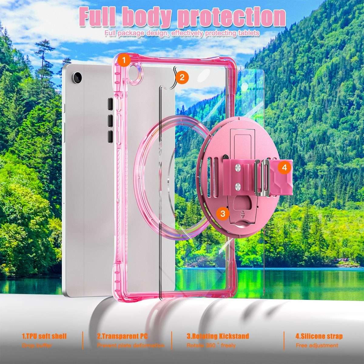 For Samsung Galaxy Tab A9+ Rotation Grip Holder TPU Hybrid Clear PC Tablet Case(Red Rose)