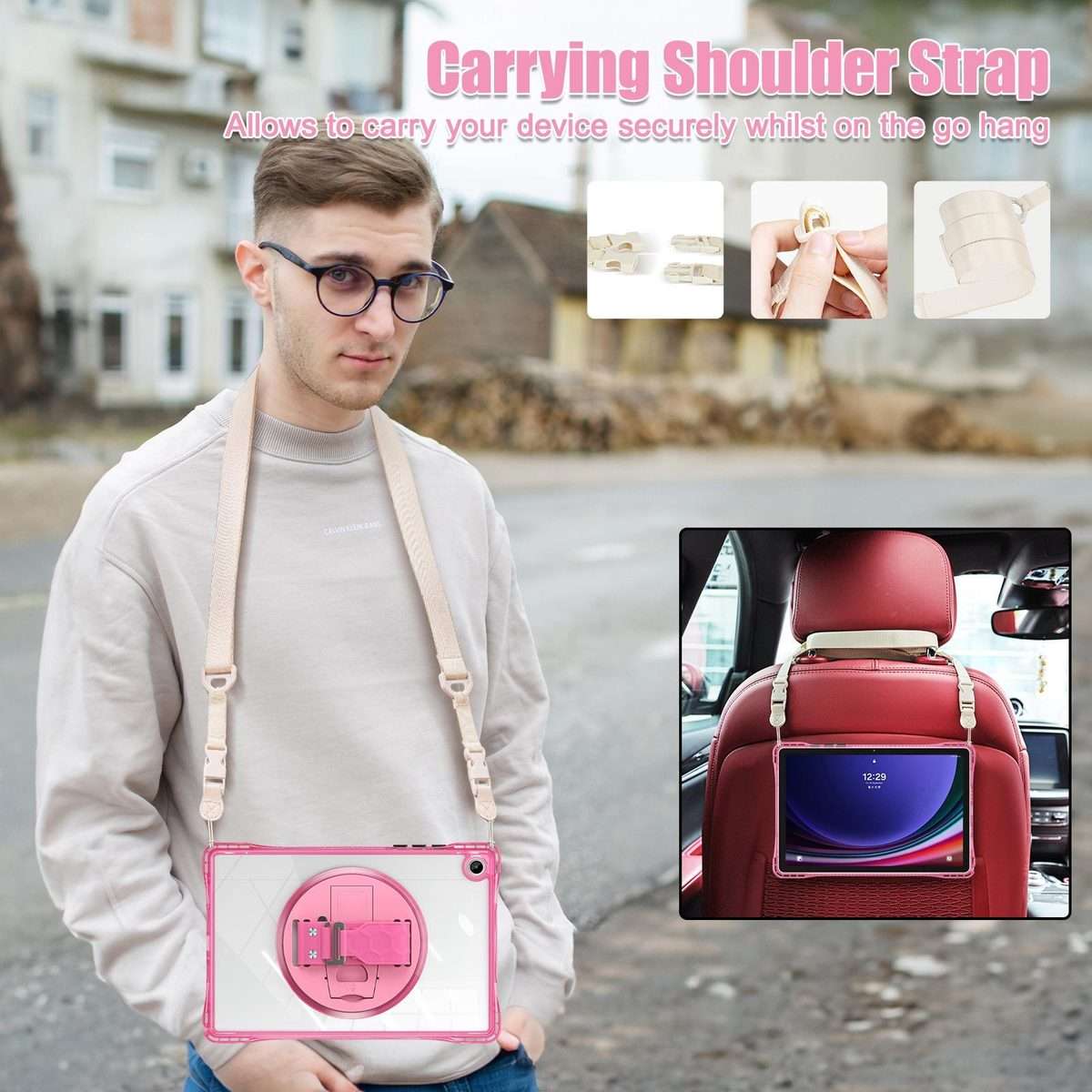 For Samsung Galaxy Tab A9+ Rotation Grip Holder TPU Hybrid Clear PC Tablet Case(Red Rose)