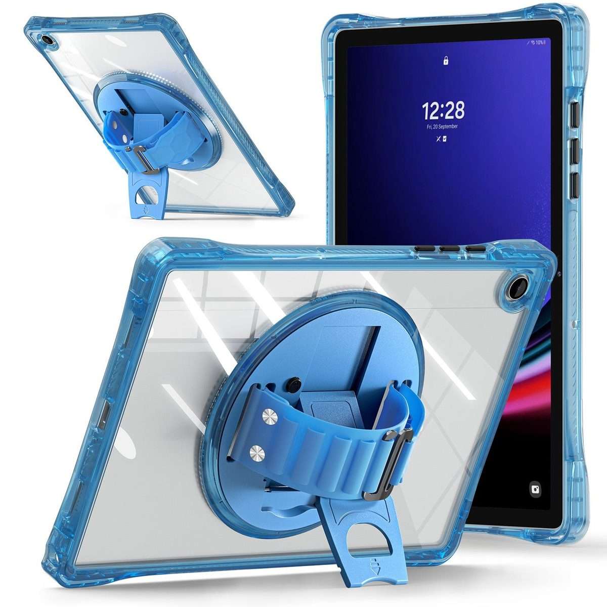 For Samsung Galaxy Tab A9+ Rotation Grip Holder TPU Hybrid Clear PC Tablet Case(Light Blue)