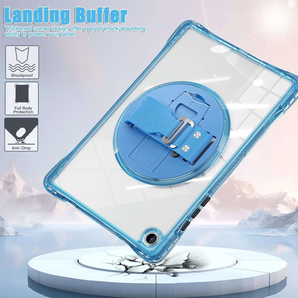 For Samsung Galaxy Tab A9+ Rotation Grip Holder TPU Hybrid Clear PC Tablet Case(Light Blue)