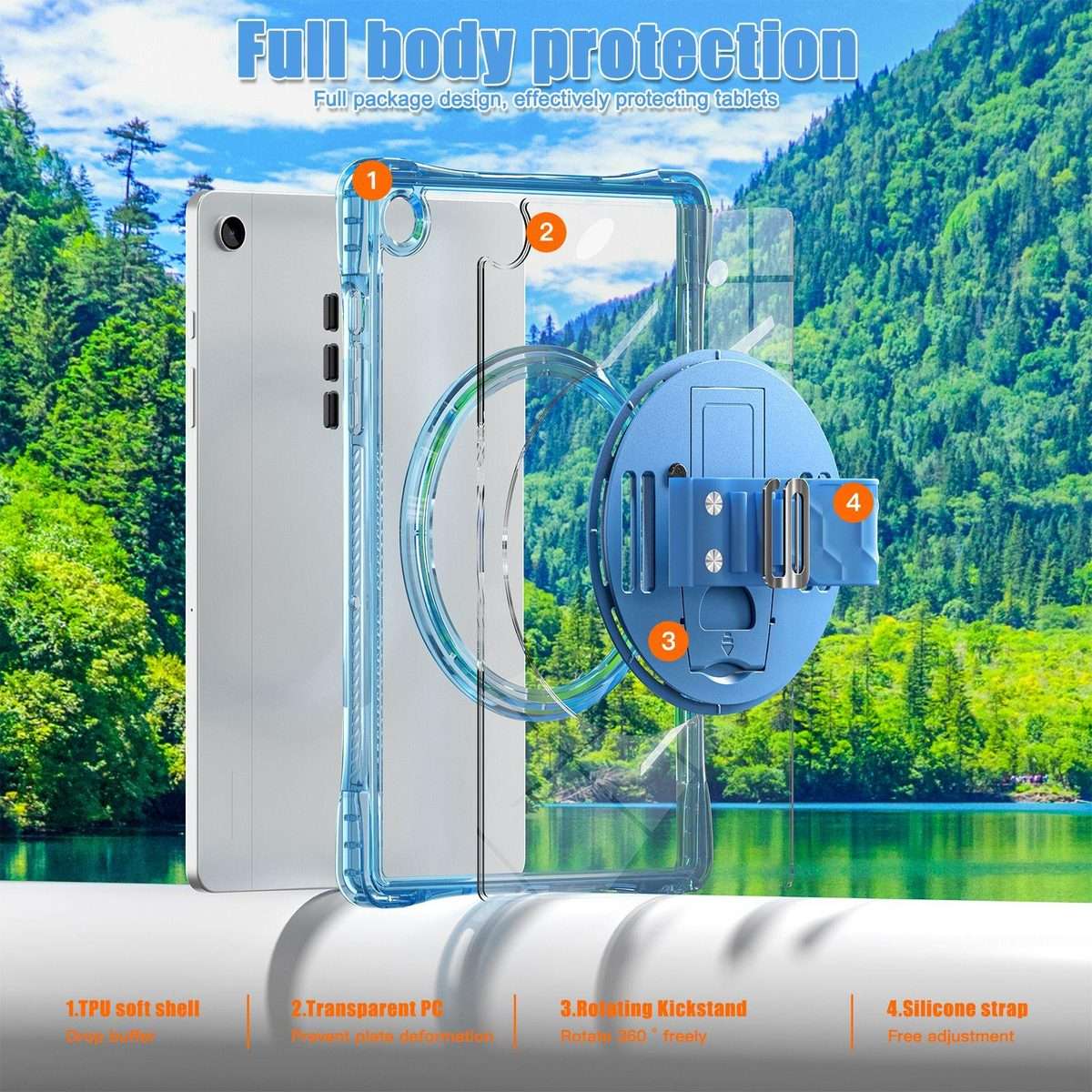 For Samsung Galaxy Tab A9+ Rotation Grip Holder TPU Hybrid Clear PC Tablet Case(Light Blue)