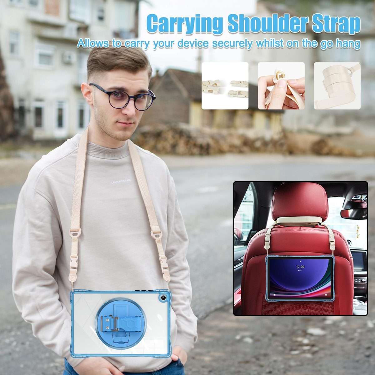 For Samsung Galaxy Tab A9+ Rotation Grip Holder TPU Hybrid Clear PC Tablet Case(Light Blue)