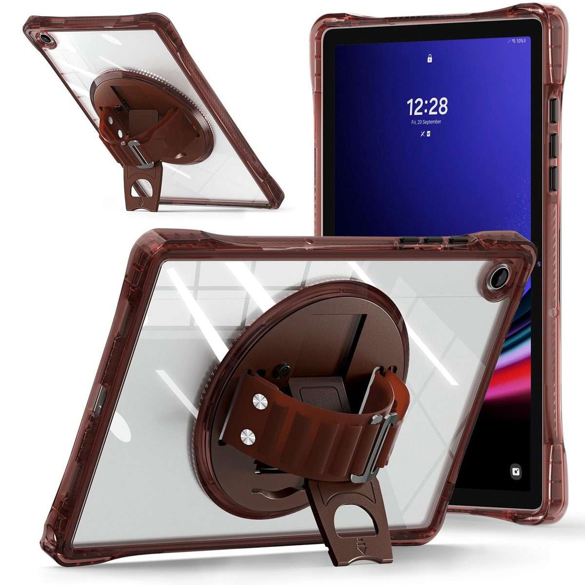 For Samsung Galaxy Tab A9+ Rotation Grip Holder TPU Hybrid Clear PC Tablet Case(Chocolate)