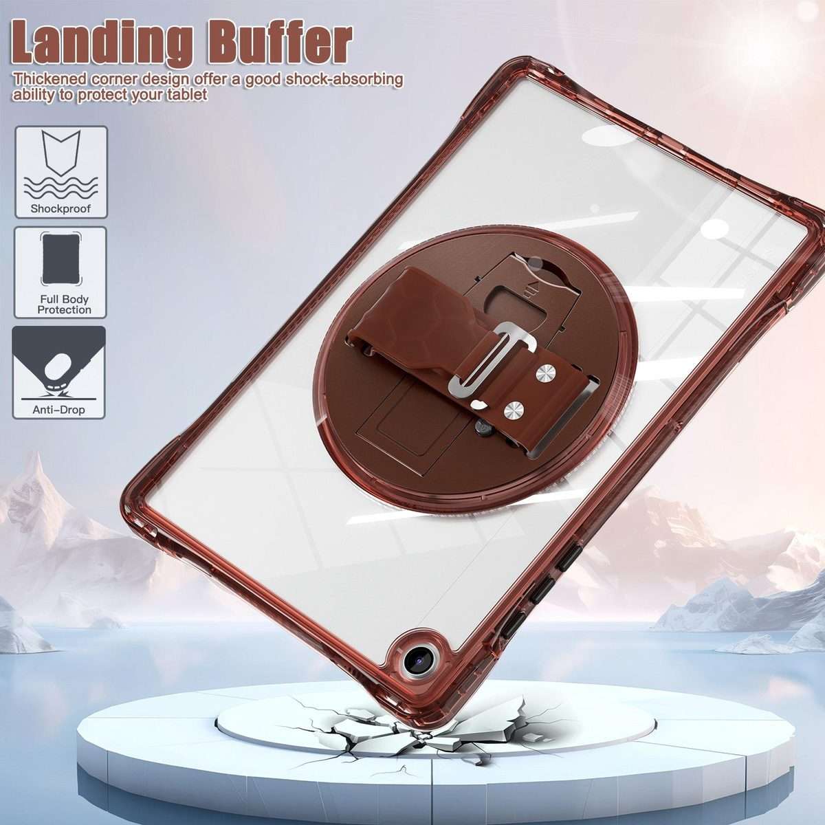 For Samsung Galaxy Tab A9+ Rotation Grip Holder TPU Hybrid Clear PC Tablet Case(Chocolate)