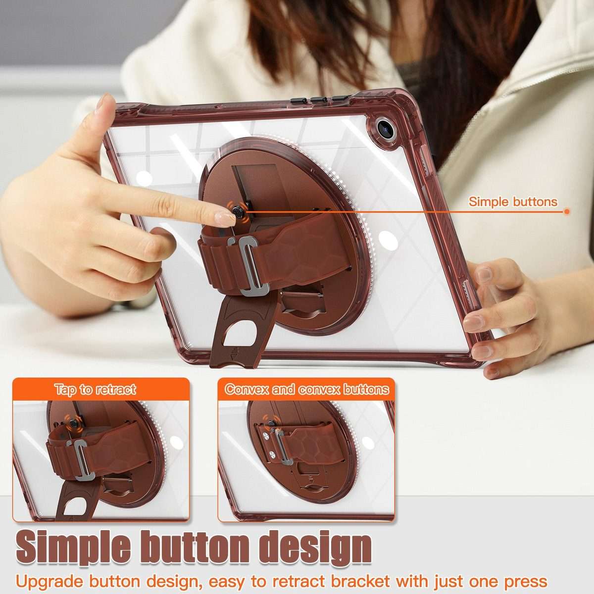 For Samsung Galaxy Tab A9+ Rotation Grip Holder TPU Hybrid Clear PC Tablet Case(Chocolate)