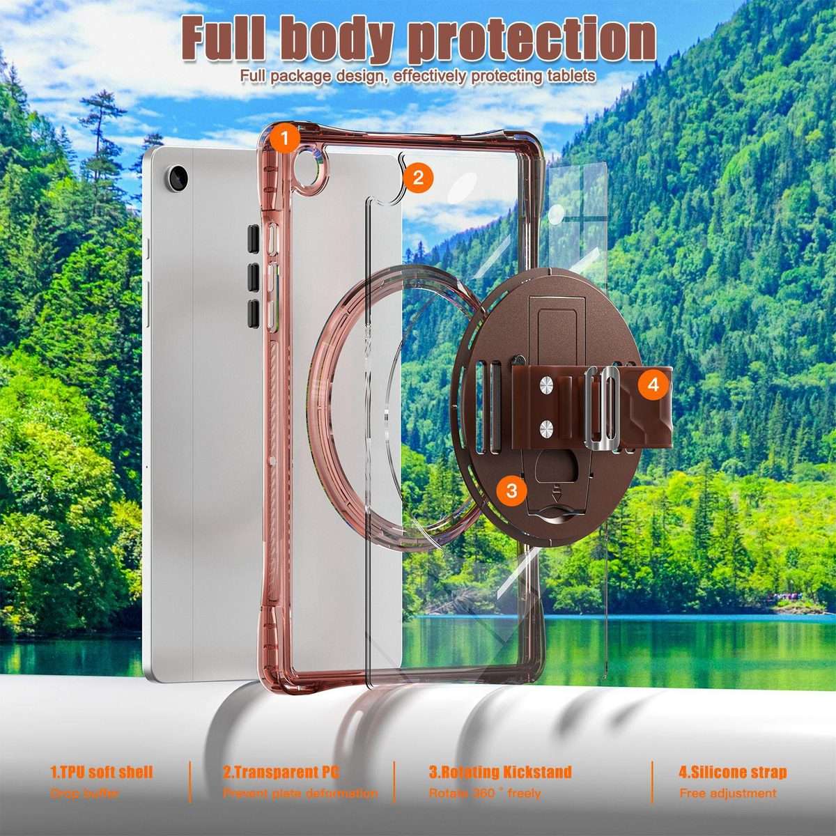 For Samsung Galaxy Tab A9+ Rotation Grip Holder TPU Hybrid Clear PC Tablet Case(Chocolate)